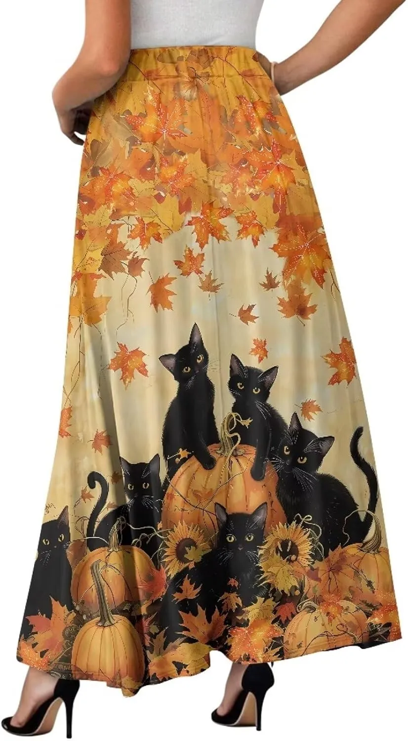 Maxi Skirts for Women Flowy Autumn Skirts with Pockets Pleated Skirt High Waisted Midi Long Skirt Reg and Plus Size S-XXL