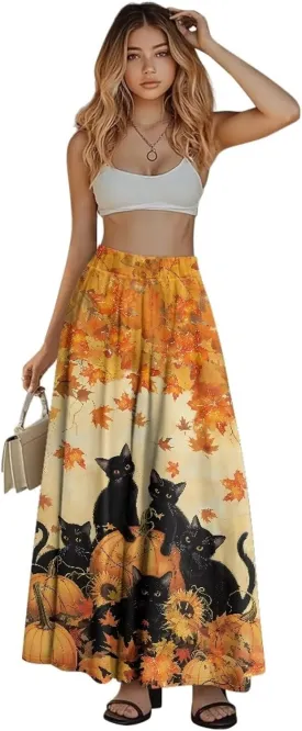 Maxi Skirts for Women Flowy Autumn Skirts with Pockets Pleated Skirt High Waisted Midi Long Skirt Reg and Plus Size S-XXL