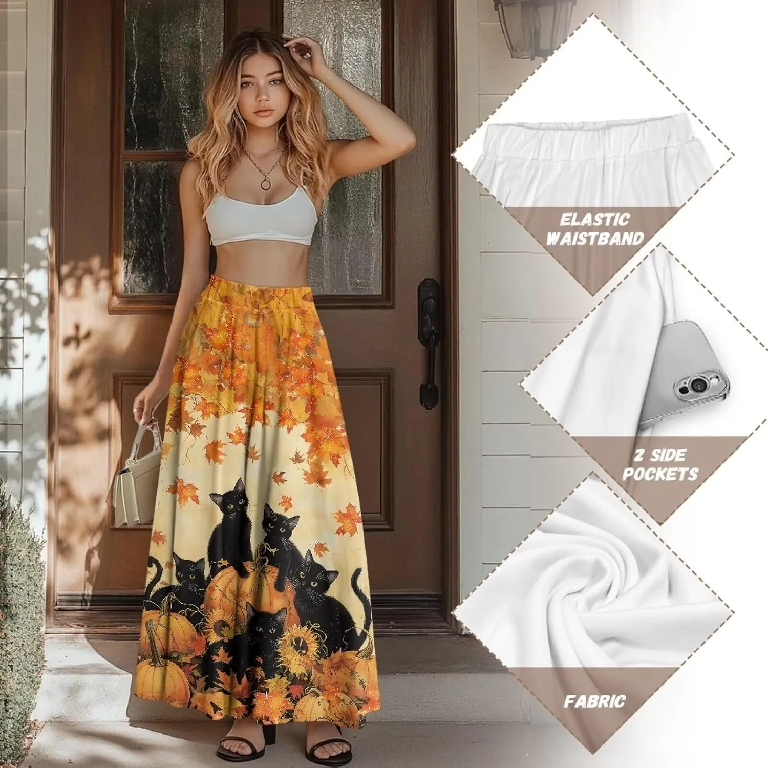Maxi Skirts for Women Flowy Autumn Skirts with Pockets Pleated Skirt High Waisted Midi Long Skirt Reg and Plus Size S-XXL