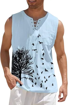 Men's Cotton Linen Tank Top Casual Sleeveless Henley Tank Shirts Lace Up Beach Hippie Tops Bohemian Pirate Tunic