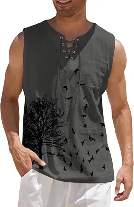Men's Cotton Linen Tank Top Casual Sleeveless Henley Tank Shirts Lace Up Beach Hippie Tops Bohemian Pirate Tunic