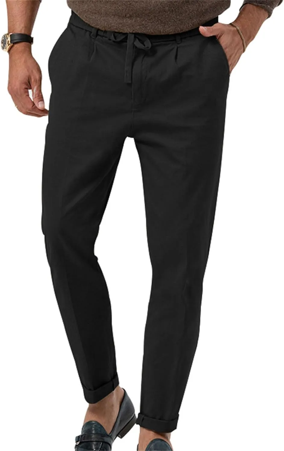 Mens Tapered Pants Casual Linen Pants Elastic Waist Slim Fit Beach Yoga Business Lightweight Cotton Trousers with Pockets