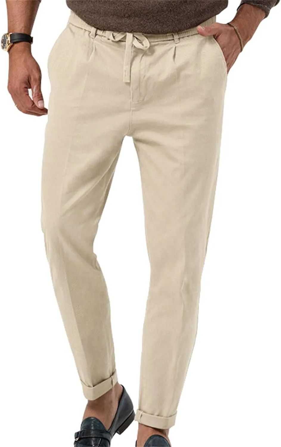 Mens Tapered Pants Casual Linen Pants Elastic Waist Slim Fit Beach Yoga Business Lightweight Cotton Trousers with Pockets
