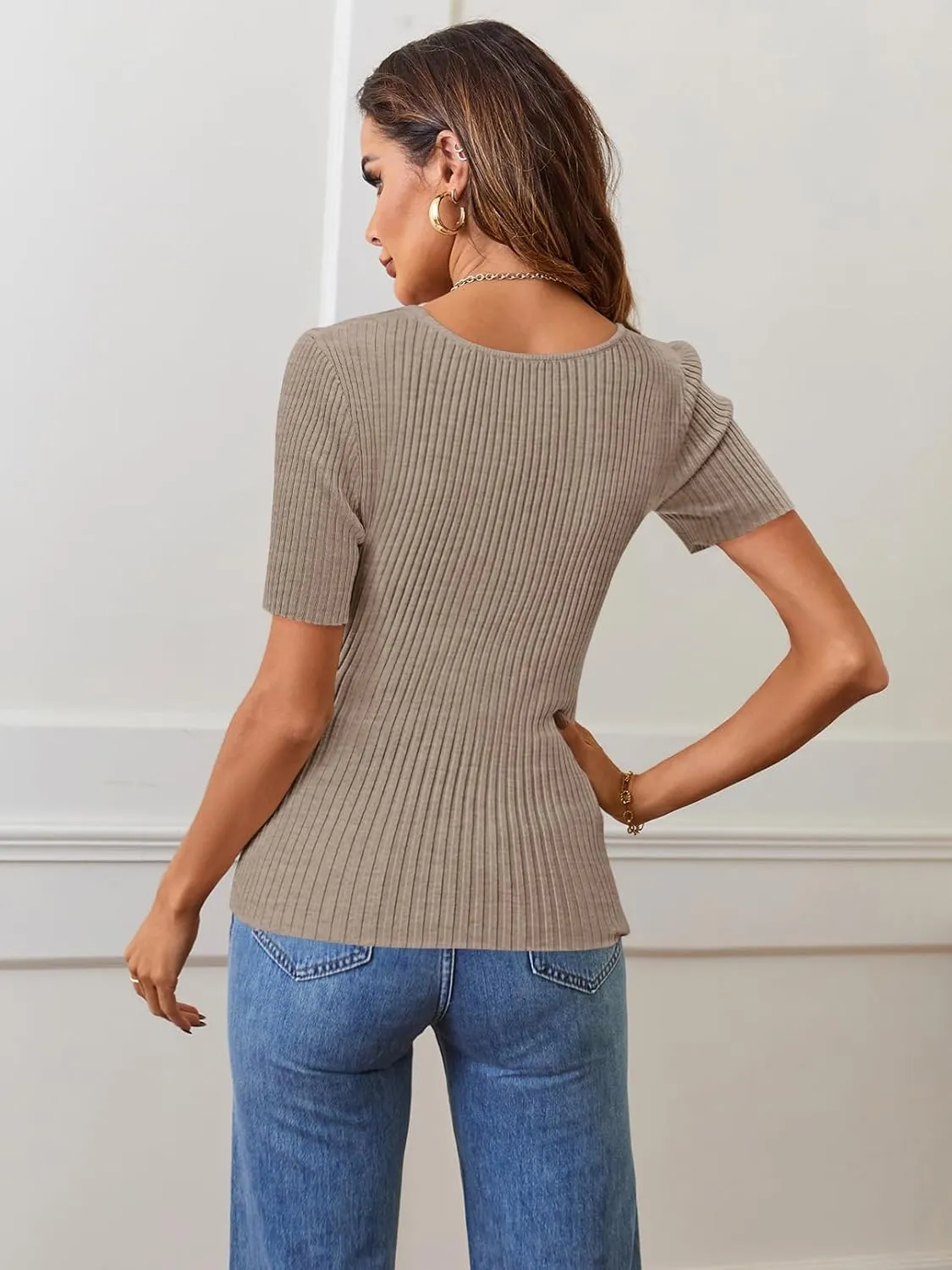 MEROKEETY Women's Summer Casual Short Sleeve T Shirts 2025 Basic Square Neck Ribbed Knit Fitted Tee Tops