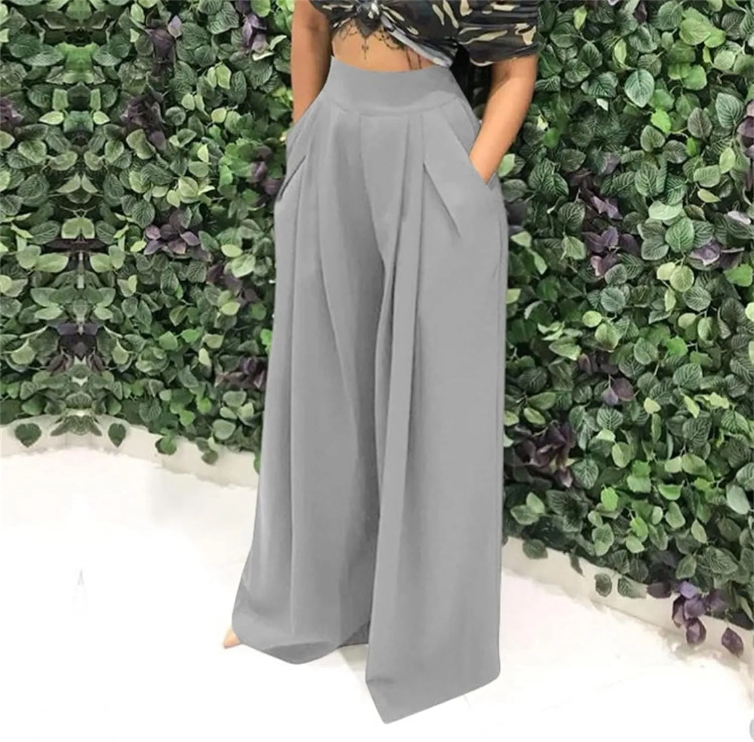 MESLIMA Palazzo Pants for Women High Waisted Wide Leg Stretchy Loose Fit Casual Trousers with Pocket
