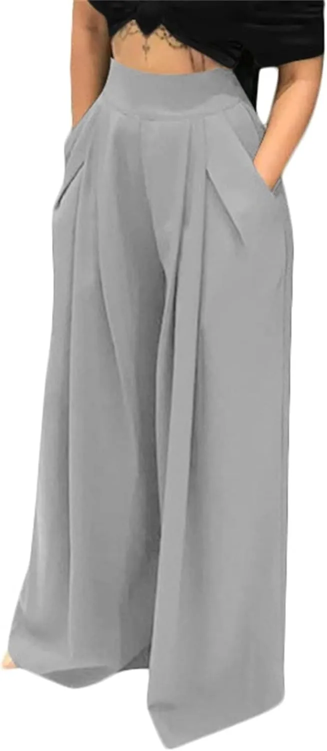 MESLIMA Palazzo Pants for Women High Waisted Wide Leg Stretchy Loose Fit Casual Trousers with Pocket