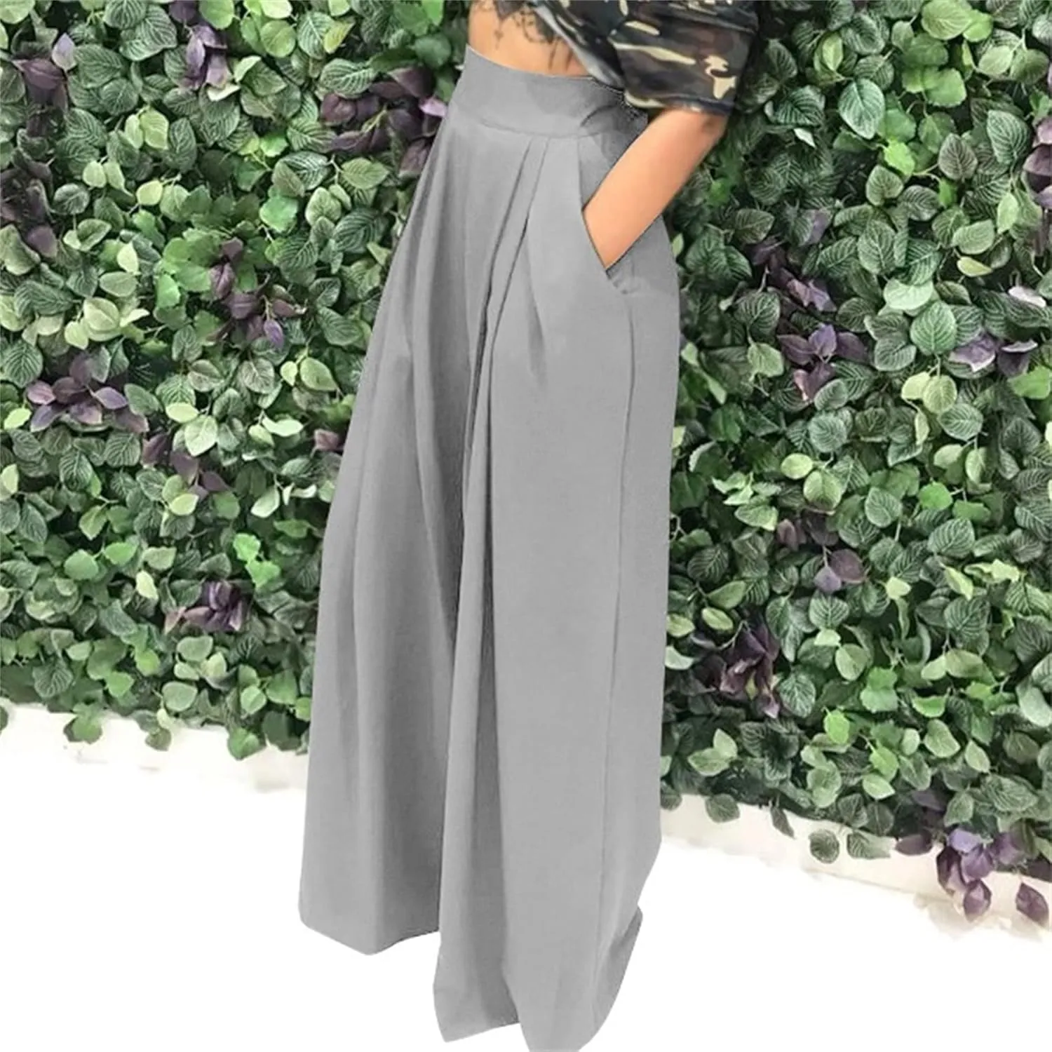 MESLIMA Palazzo Pants for Women High Waisted Wide Leg Stretchy Loose Fit Casual Trousers with Pocket