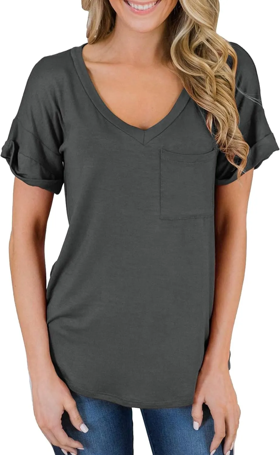 MIHOLL Women's Short Sleeve V-Neck Shirts Loose Casual Tee T-Shirt