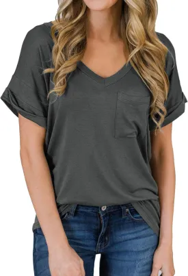 MIHOLL Women's Short Sleeve V-Neck Shirts Loose Casual Tee T-Shirt