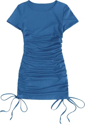 Milumia Women's Casual Rib Knit Short Sleeve Drawstring Ruched Bodycon Mini T Shirt Dress