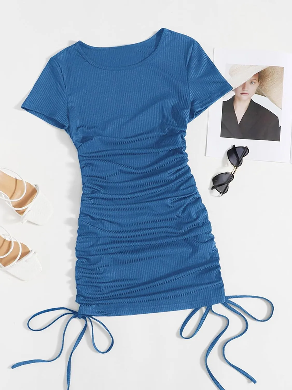Milumia Women's Casual Rib Knit Short Sleeve Drawstring Ruched Bodycon Mini T Shirt Dress
