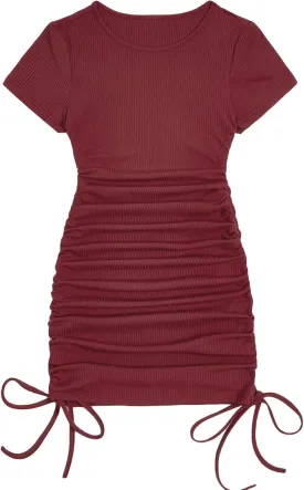Milumia Women's Casual Rib Knit Short Sleeve Drawstring Ruched Bodycon Mini T Shirt Dress