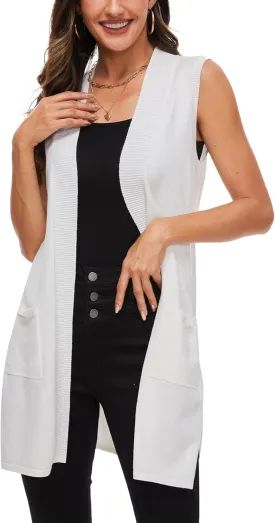 Moss Rose Long Vest for Women Sleeveless Lightweight Open Front Cardigans Ribbed Knit Outwear with Pockets