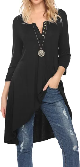 Naggoo Women's 3/4 Sleeve Button V Neck High Low Loose Fit Casual Long Tunic Tops Tee Shirts S-3XL
