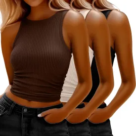 Neer 3 Pack Women's Sleeveless Crop Tank Tops, Ribbed High Neck Slim Fit Tee Summer Side Ruched Yoga Workout Camis Shirts