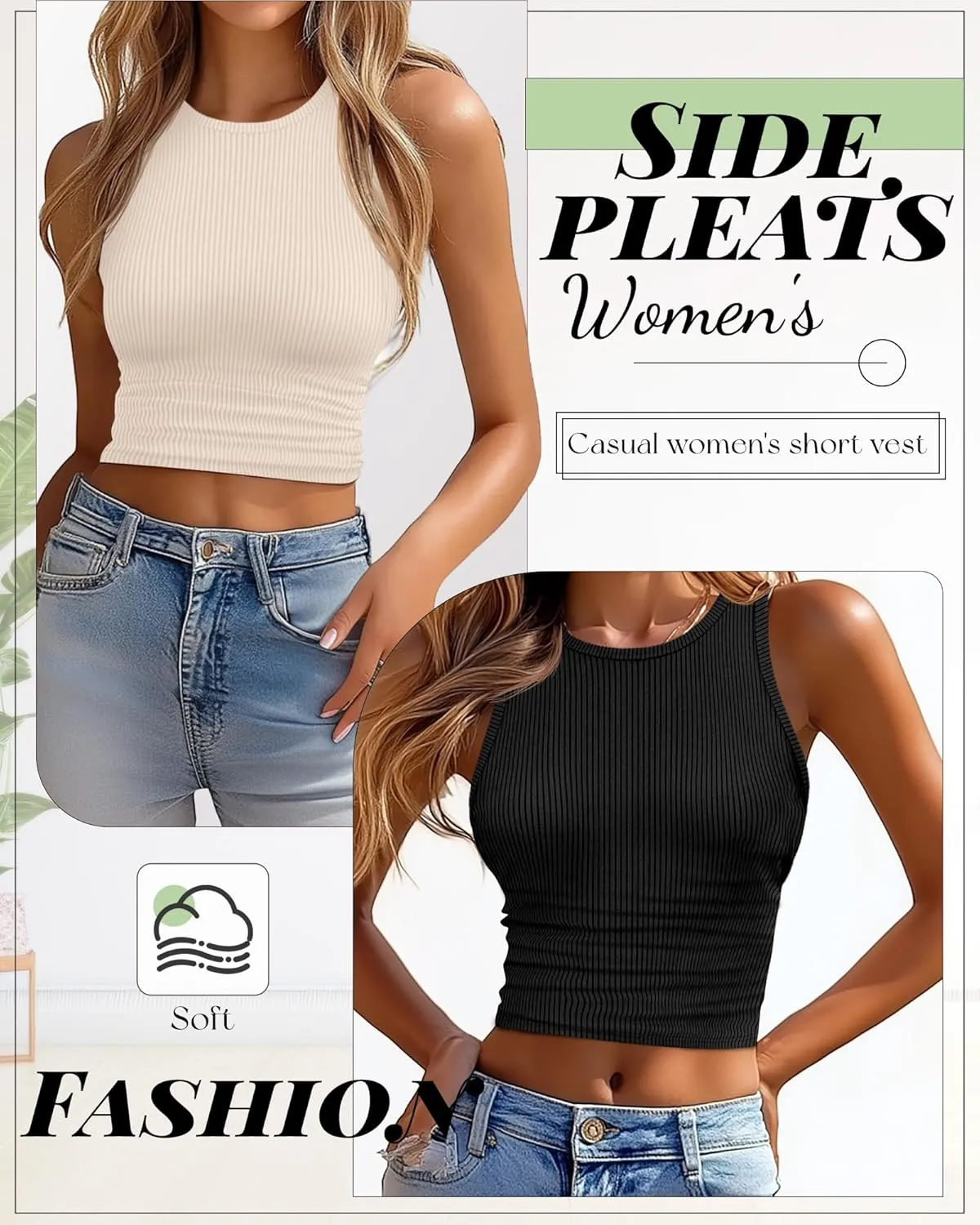 Neer 3 Pack Women's Sleeveless Crop Tank Tops, Ribbed High Neck Slim Fit Tee Summer Side Ruched Yoga Workout Camis Shirts