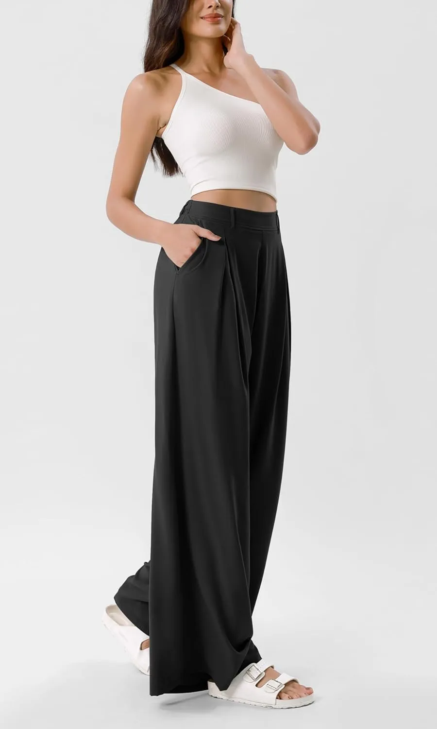 ODODOS Chiffon Flowy Pleated Wide Leg Pants for Women Lightweight High Waist Trouser with Pockets-27/29" /31" Inseam