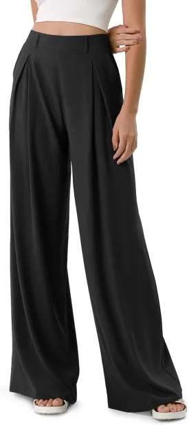 ODODOS Chiffon Flowy Pleated Wide Leg Pants for Women Lightweight High Waist Trouser with Pockets-27/29" /31" Inseam