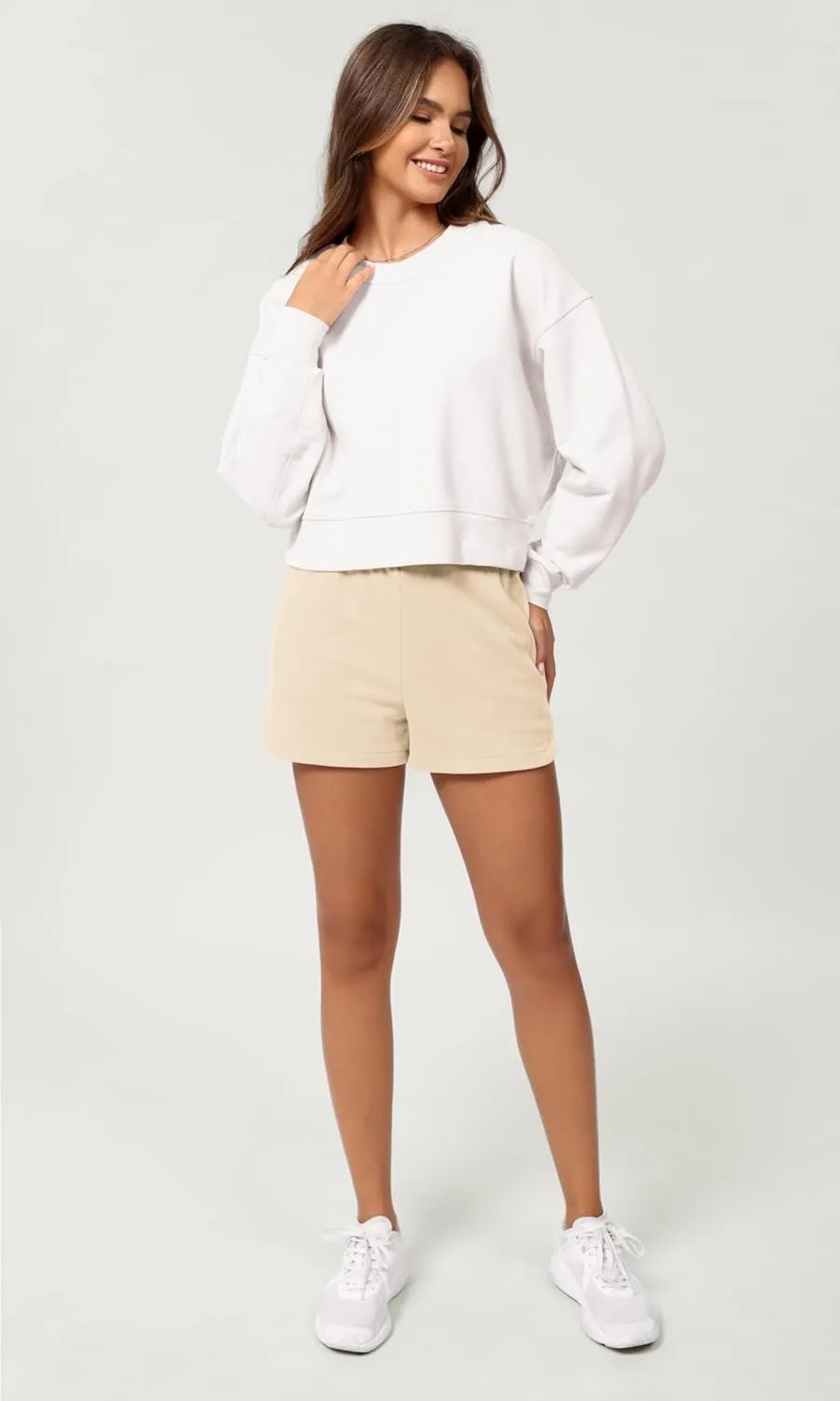 ODODOS Women's Sweat Shorts Cotton French Terry Curved Hem Workout Casual Relaxed Lounge Shorts with Pockets