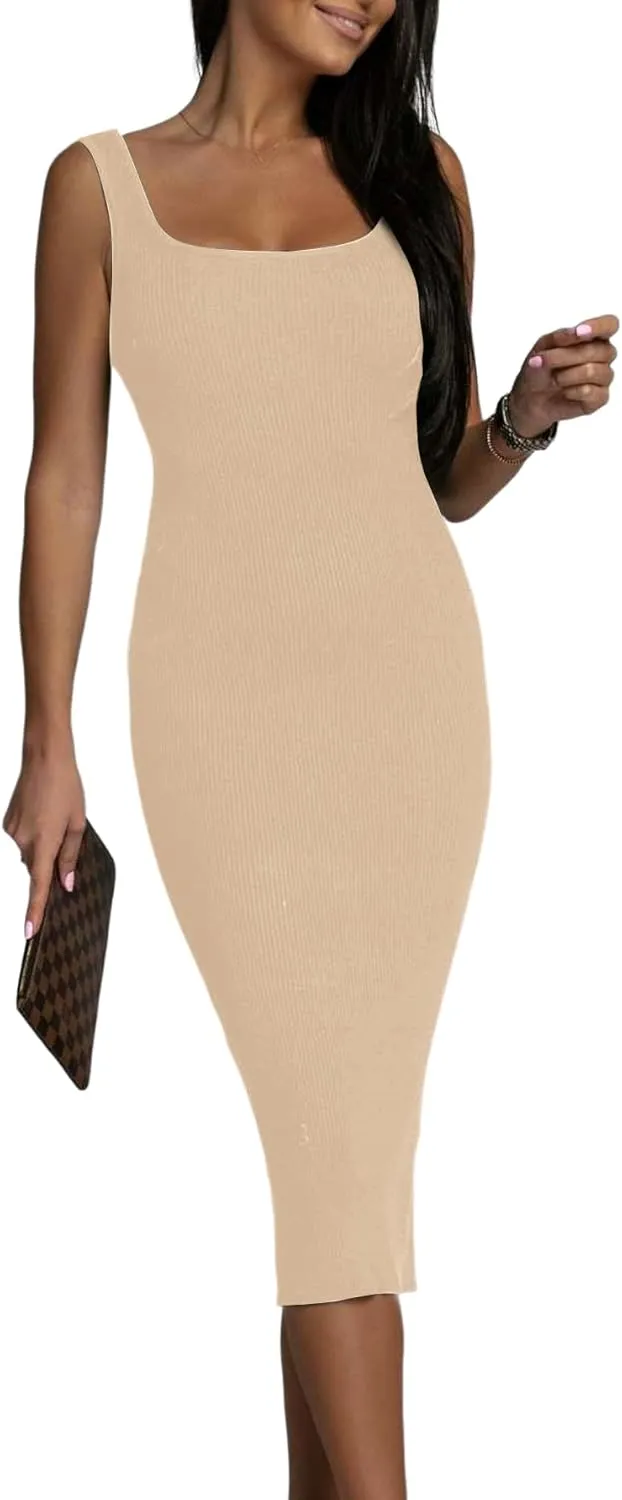 OPOIPIN Women's Square Neck Ribbed Knit Sleeveless Fitted Tank Bodycon Party Midi Dress