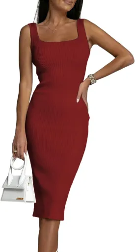 OPOIPIN Women's Square Neck Ribbed Knit Sleeveless Fitted Tank Bodycon Party Midi Dress