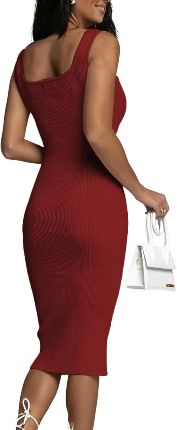 OPOIPIN Women's Square Neck Ribbed Knit Sleeveless Fitted Tank Bodycon Party Midi Dress