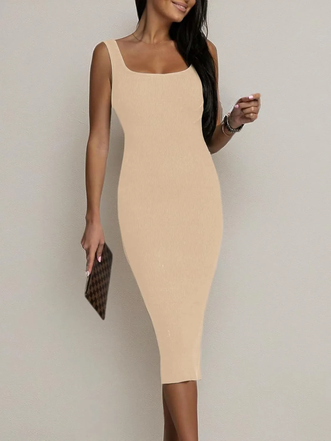 OPOIPIN Women's Square Neck Ribbed Knit Sleeveless Fitted Tank Bodycon Party Midi Dress
