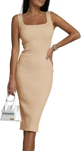 OPOIPIN Women's Square Neck Ribbed Knit Sleeveless Fitted Tank Bodycon Party Midi Dress