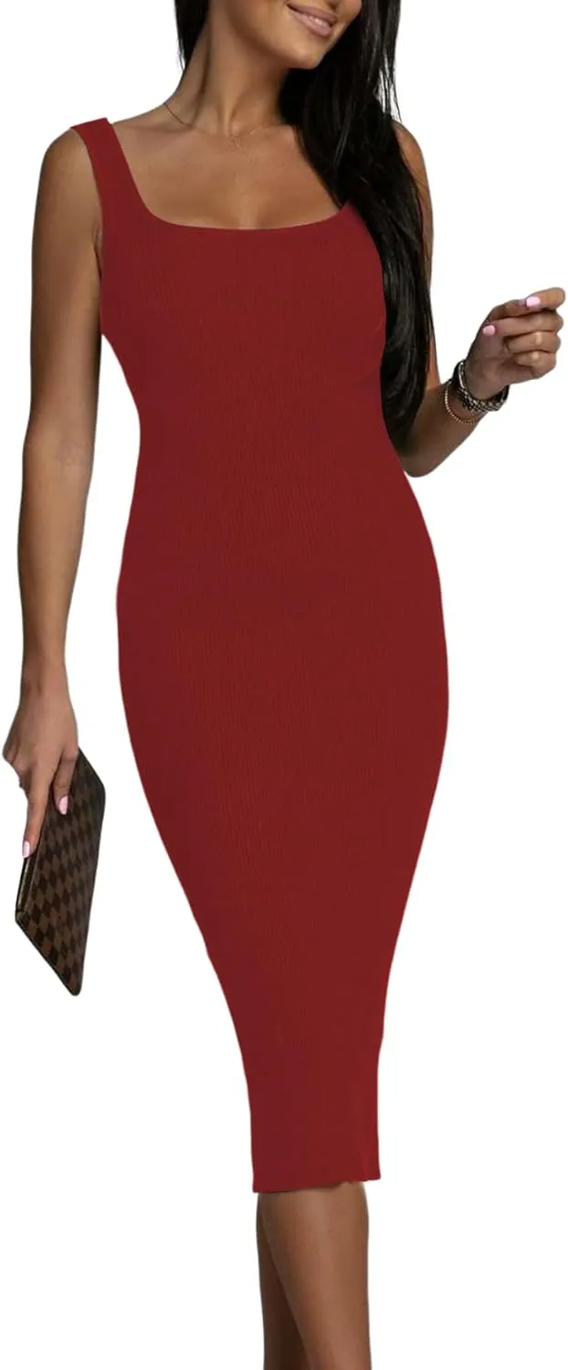 OPOIPIN Women's Square Neck Ribbed Knit Sleeveless Fitted Tank Bodycon Party Midi Dress