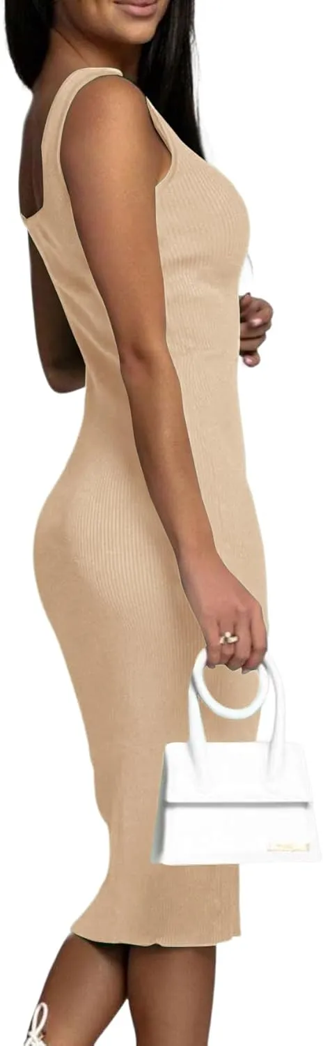 OPOIPIN Women's Square Neck Ribbed Knit Sleeveless Fitted Tank Bodycon Party Midi Dress