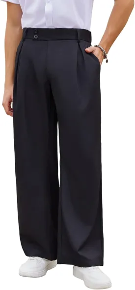 OYOANGLE Men's Pleated High Waist Wide Leg Pants Loose Fit Casual Pants with Pocket