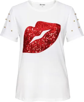 PESION Womens Short Sleeve T-Shirt Sequined Tops O-Neck Funny Graphic Tees Blouse