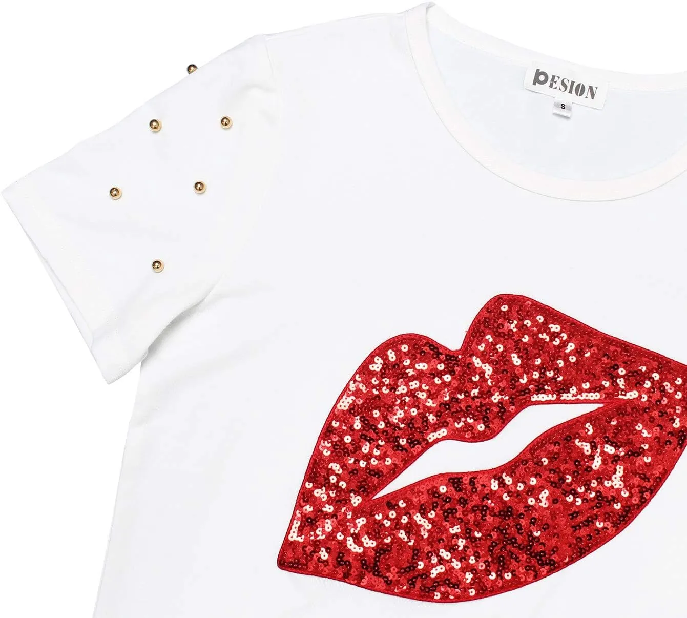 PESION Womens Short Sleeve T-Shirt Sequined Tops O-Neck Funny Graphic Tees Blouse