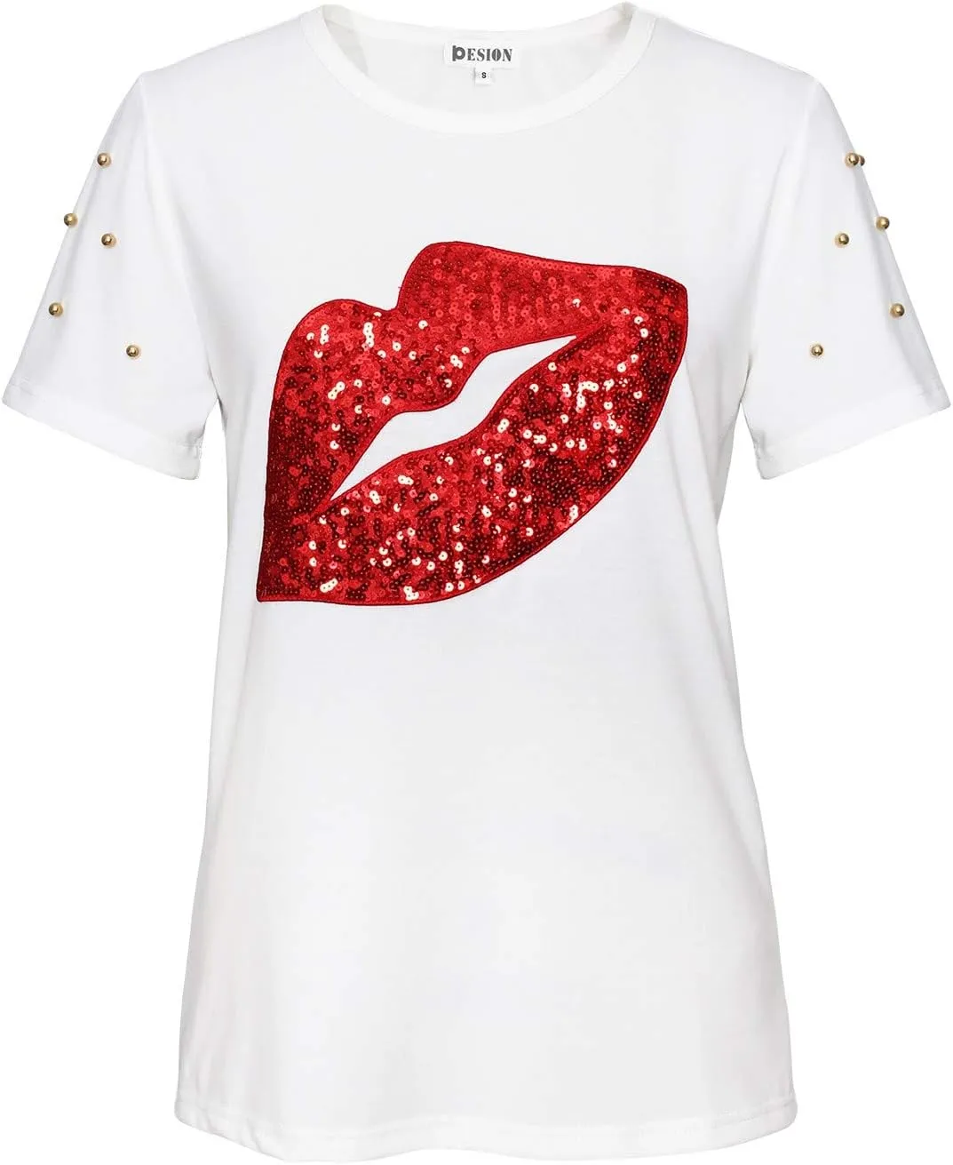 PESION Womens Short Sleeve T-Shirt Sequined Tops O-Neck Funny Graphic Tees Blouse