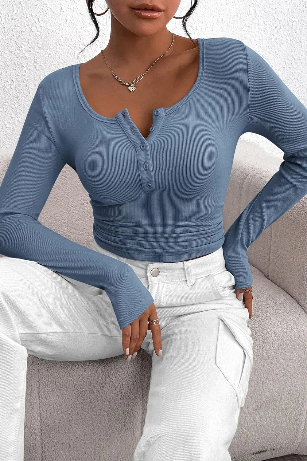 PRETTYGARDEN Women's 2025 Spring Fall Long Sleeve Henley T Shirts Button Ribbed Knit Slim Fit Casual Basic Tops Blouse