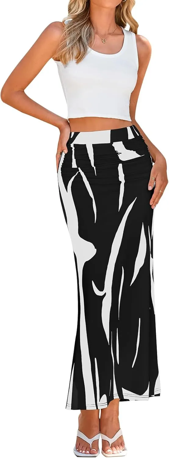 PRETTYGARDEN Women's 2025 Stretch Graphic Print Fishtail Long Skirts for Women Spring Trendy Ruched Waist Maxi Skirt