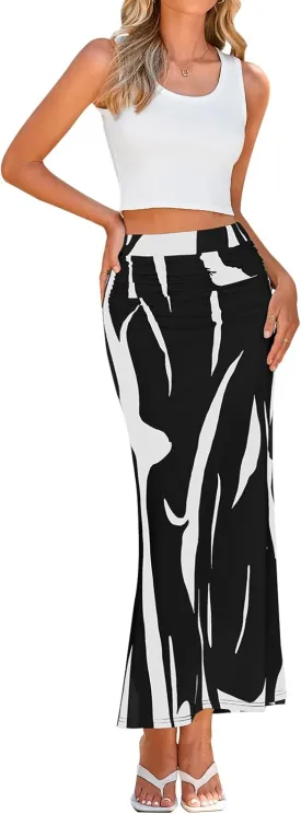 PRETTYGARDEN Women's 2025 Stretch Graphic Print Fishtail Long Skirts for Women Spring Trendy Ruched Waist Maxi Skirt