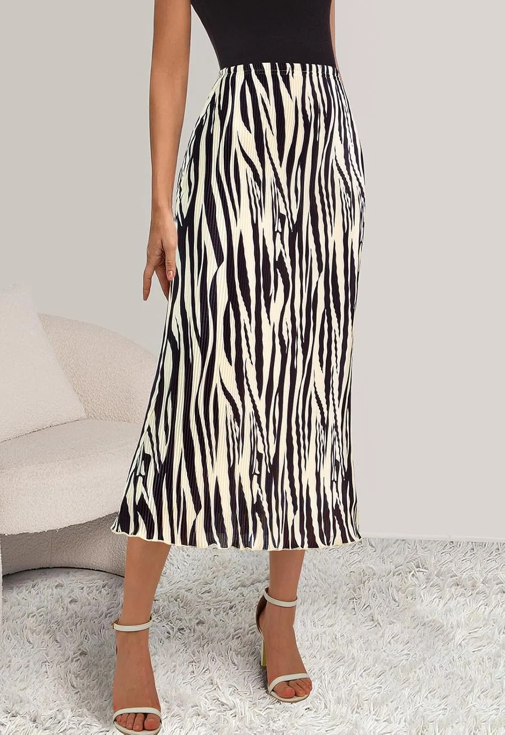 PRETTYGARDEN Women's 2025 Summer High Waist Graphic Print A Line Pleated Long Skirts for Women Trendy Plisse Midi Skirt
