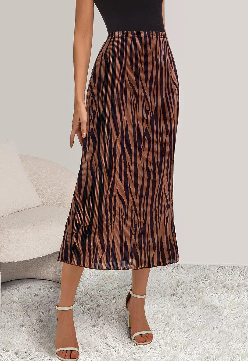 PRETTYGARDEN Women's 2025 Summer High Waist Graphic Print A Line Pleated Long Skirts for Women Trendy Plisse Midi Skirt