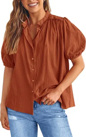 PRETTYGARDEN Women's 2025 Summer Tops Button Down Shirts Short Lantern Sleeve V Neck Cotton Cute Dressy Casual Blouses