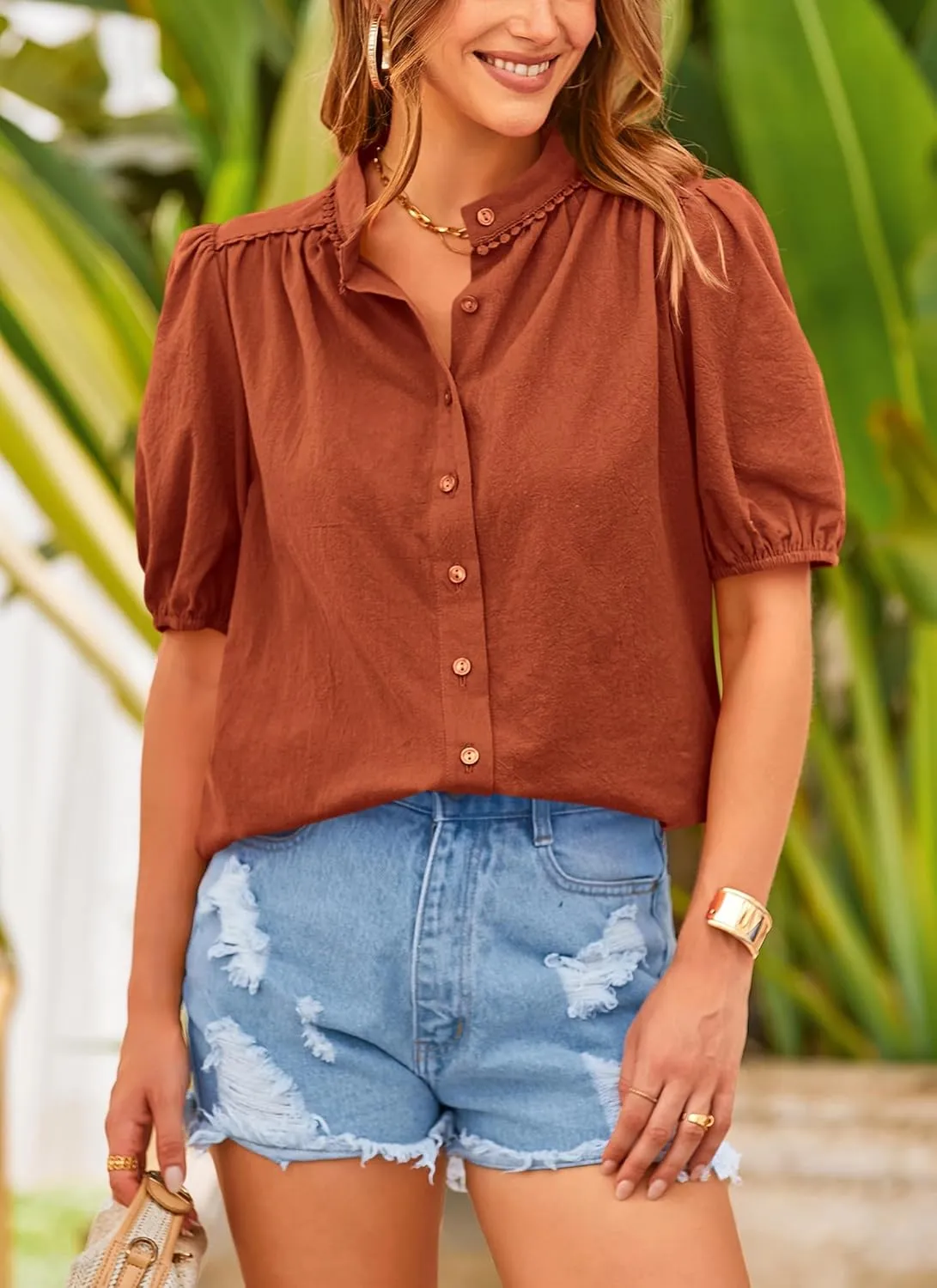 PRETTYGARDEN Women's 2025 Summer Tops Button Down Shirts Short Lantern Sleeve V Neck Cotton Cute Dressy Casual Blouses