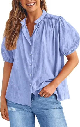 PRETTYGARDEN Women's 2025 Summer Tops Button Down Shirts Short Lantern Sleeve V Neck Cotton Cute Dressy Casual Blouses