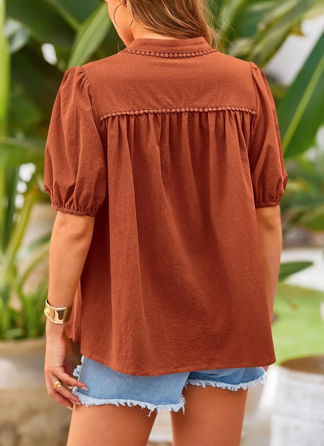 PRETTYGARDEN Women's 2025 Summer Tops Button Down Shirts Short Lantern Sleeve V Neck Cotton Cute Dressy Casual Blouses