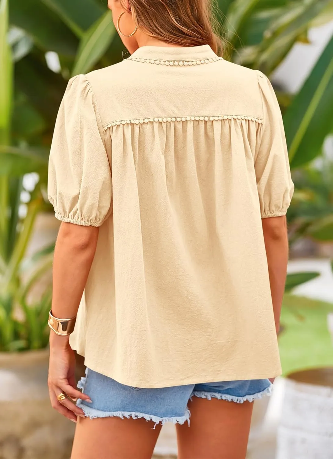 PRETTYGARDEN Women's 2025 Summer Tops Button Down Shirts Short Lantern Sleeve V Neck Cotton Cute Dressy Casual Blouses
