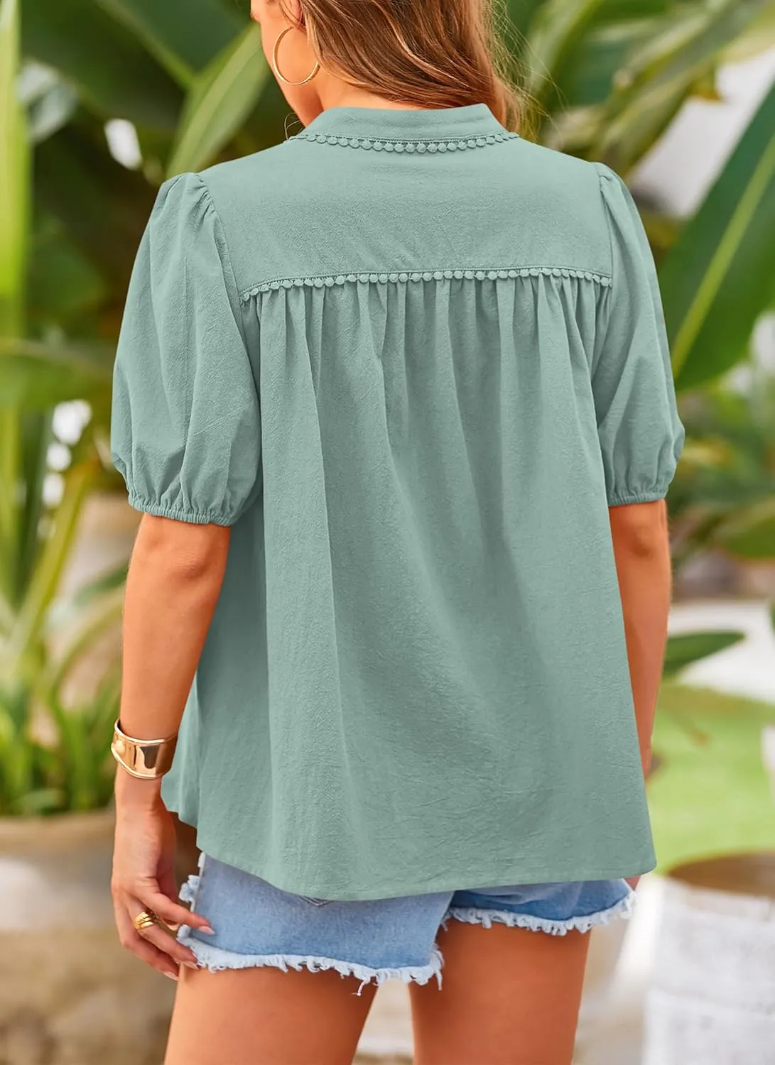 PRETTYGARDEN Women's 2025 Summer Tops Button Down Shirts Short Lantern Sleeve V Neck Cotton Cute Dressy Casual Blouses