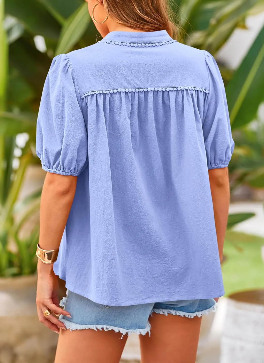 PRETTYGARDEN Women's 2025 Summer Tops Button Down Shirts Short Lantern Sleeve V Neck Cotton Cute Dressy Casual Blouses
