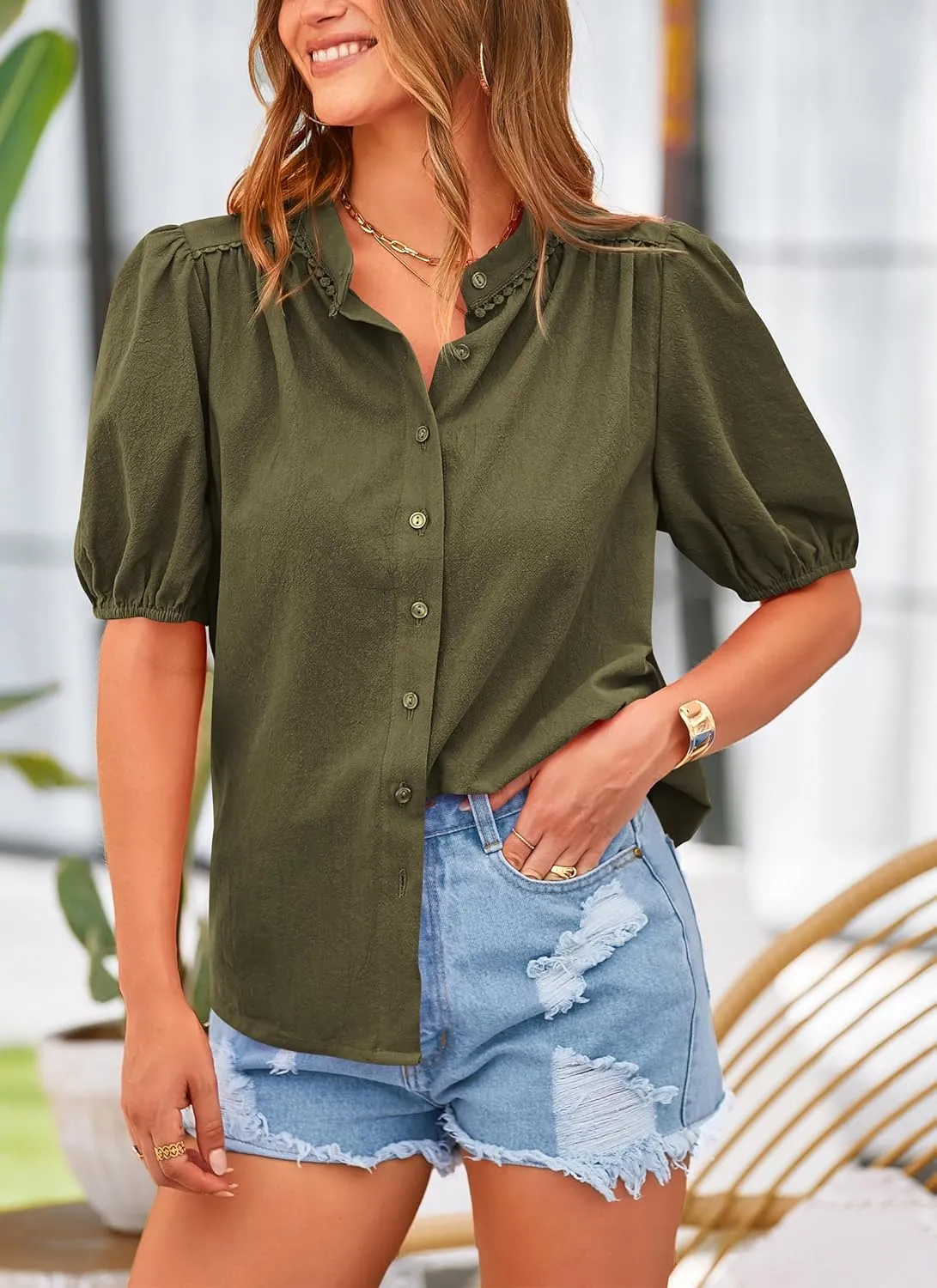 PRETTYGARDEN Women's 2025 Summer Tops Button Down Shirts Short Lantern Sleeve V Neck Cotton Cute Dressy Casual Blouses