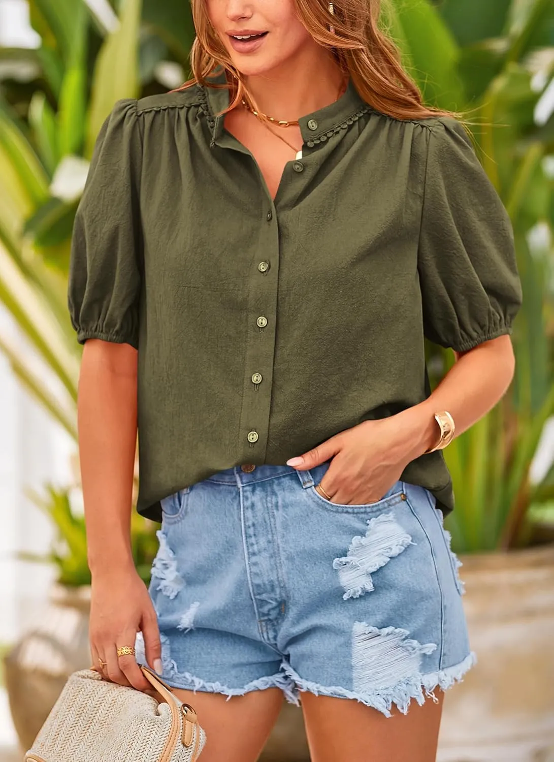 PRETTYGARDEN Women's 2025 Summer Tops Button Down Shirts Short Lantern Sleeve V Neck Cotton Cute Dressy Casual Blouses