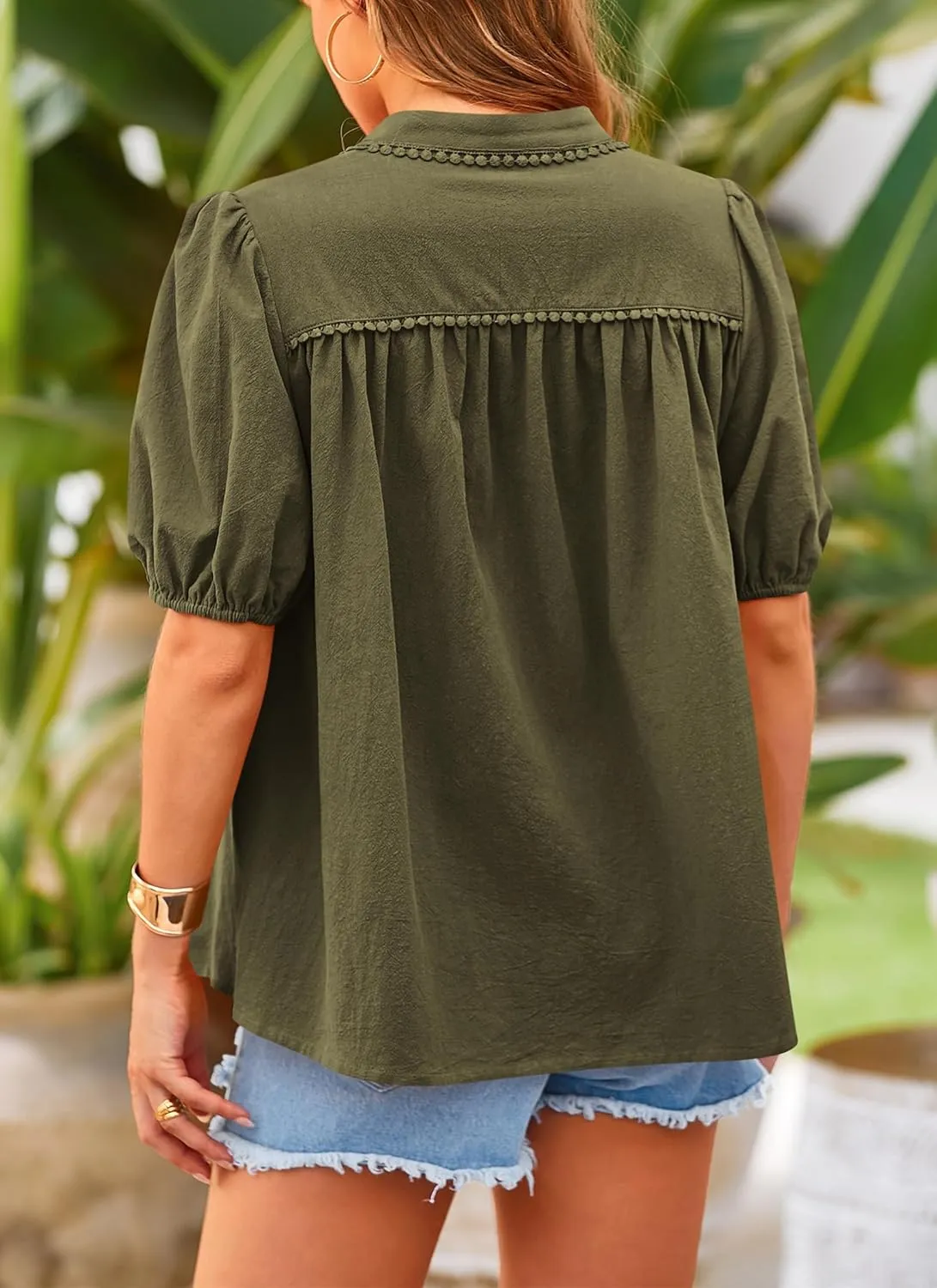 PRETTYGARDEN Women's 2025 Summer Tops Button Down Shirts Short Lantern Sleeve V Neck Cotton Cute Dressy Casual Blouses