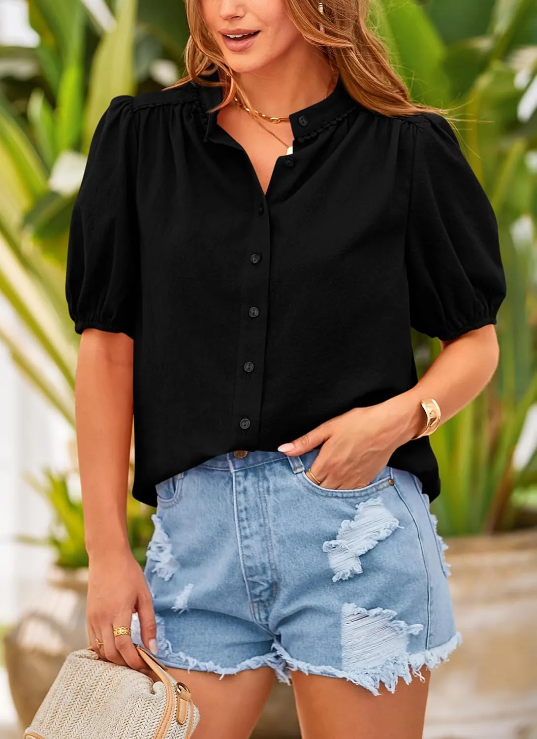 PRETTYGARDEN Women's 2025 Summer Tops Button Down Shirts Short Lantern Sleeve V Neck Cotton Cute Dressy Casual Blouses